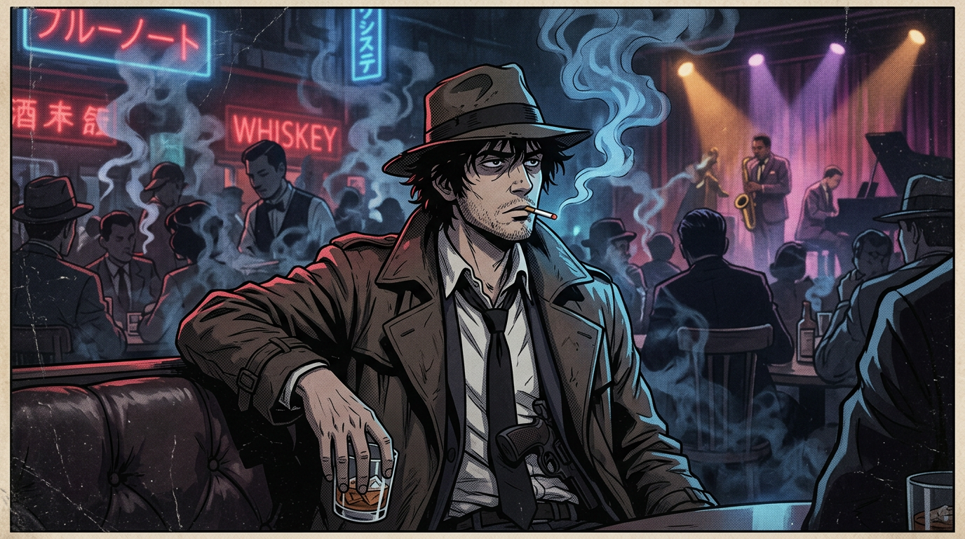 Detective in impermeabile e cappello che fuma una sigaretta con in mano un bicchiere di whiskey in un jazz bar con una band dal vivo.