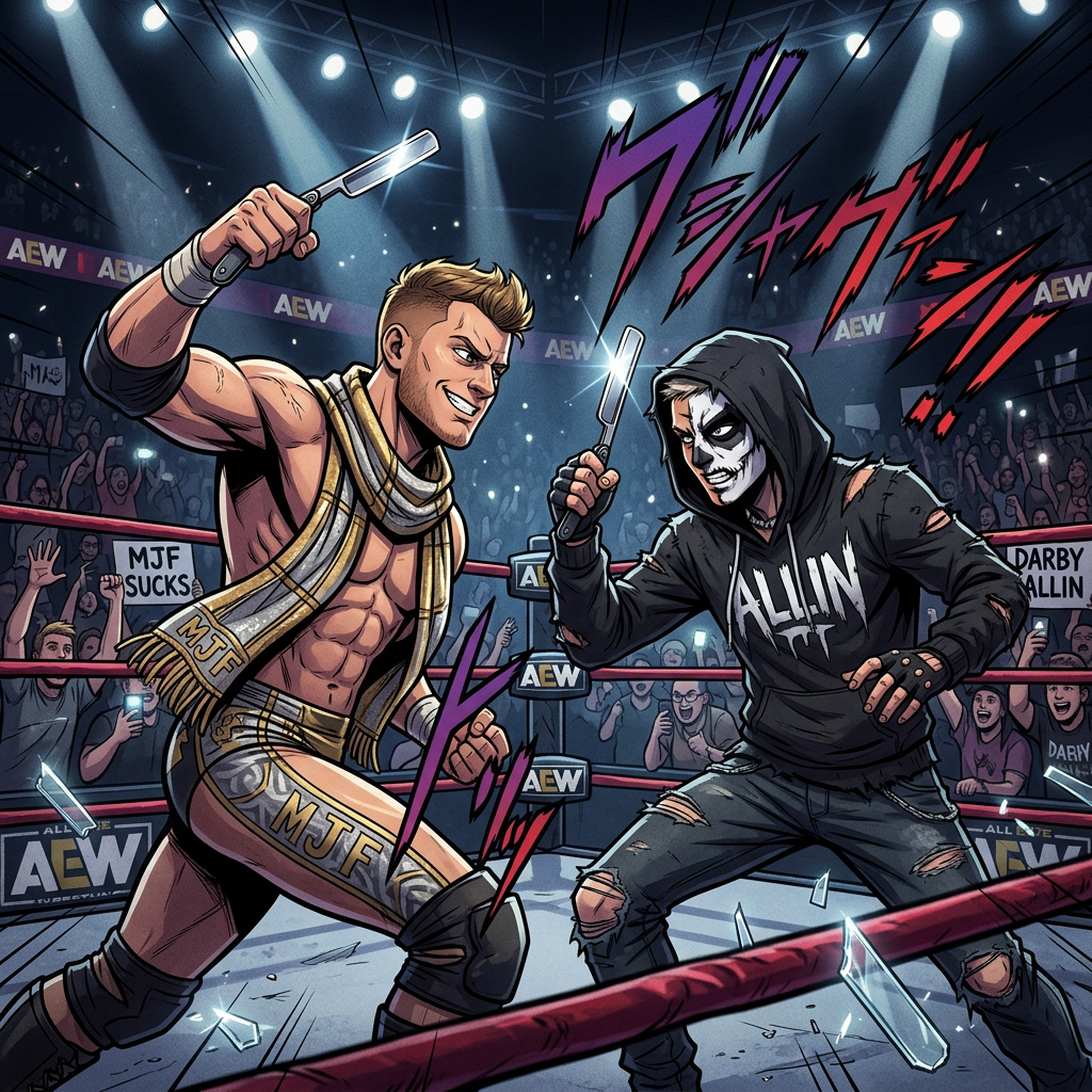 Illustrazione in stile fumetto di MJF e Darby Allin con rasoi da barbiere, copertina per la recensione di AEW Double or Nothing.