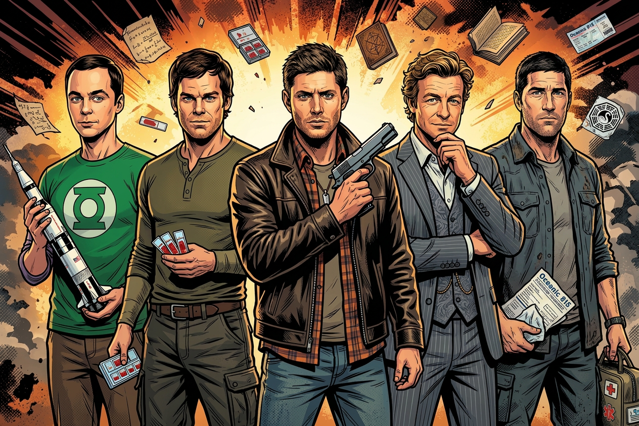 Sheldon Cooper, Dexter Morgan, Dean Winchester, Patrick Jane e Jack Shephard in posa.