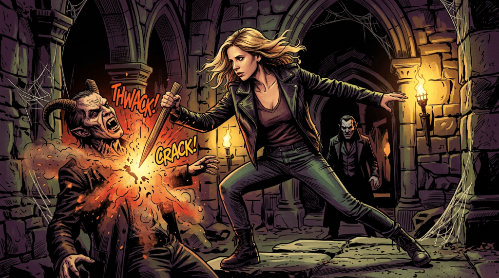 Buffy che impaletta vampiri dalla serie tv ''Buffy l'ammazzavampiri''.