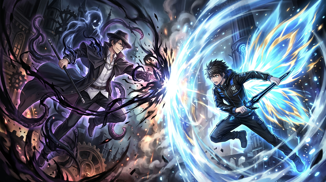 Two fantasy warriors battling, one with dark shadow magic and the other with blue fire wings and a glowing sword